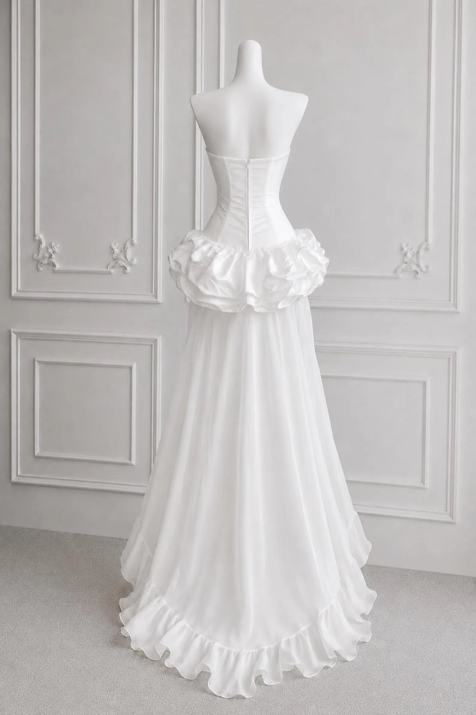 Chic A-Line Strapless Corset Ruffled White High-Low Homecoming Dress With Detachable Train