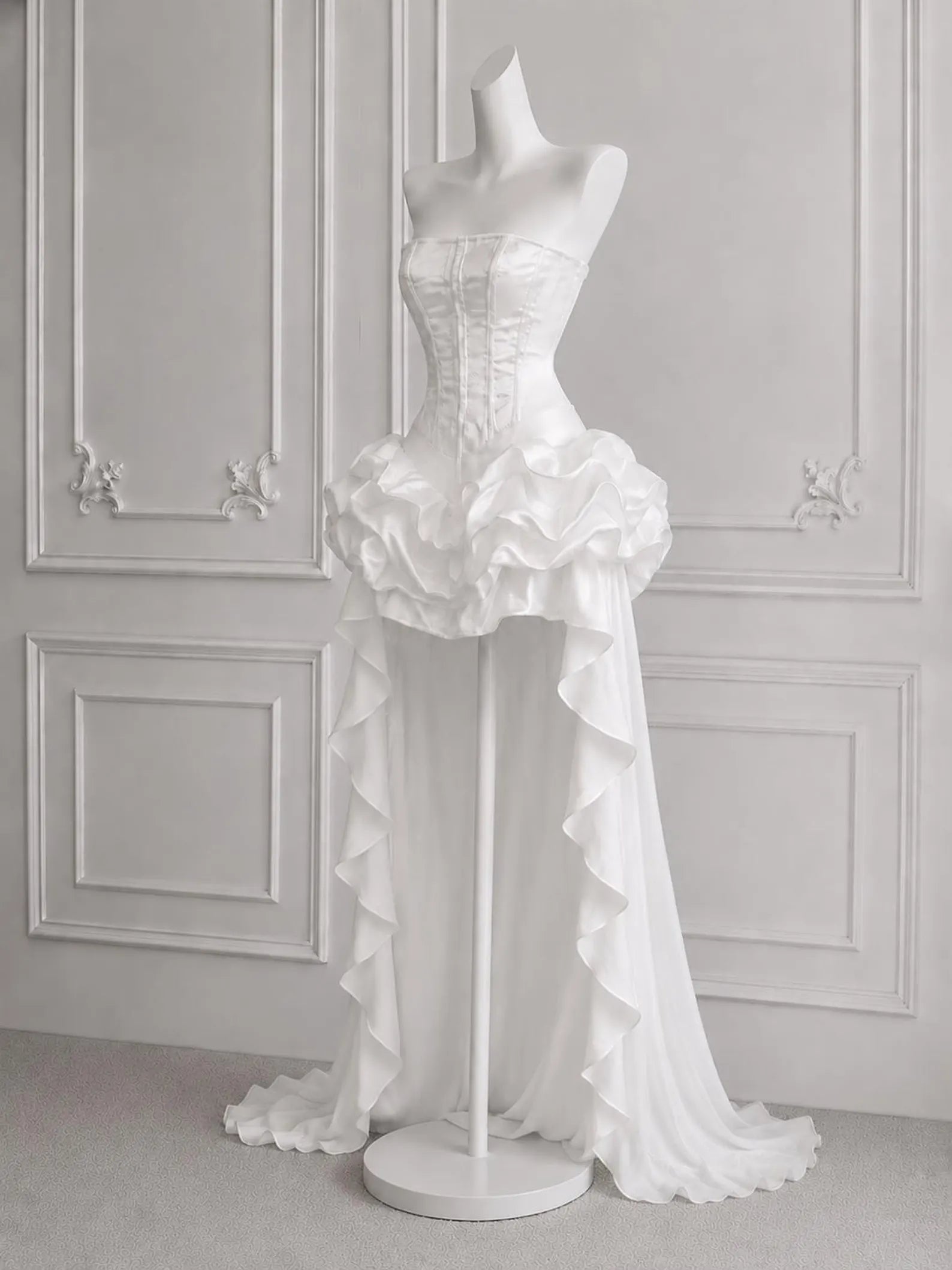 Chic A-Line Strapless Corset Ruffled White High-Low Homecoming Dress With Detachable Train