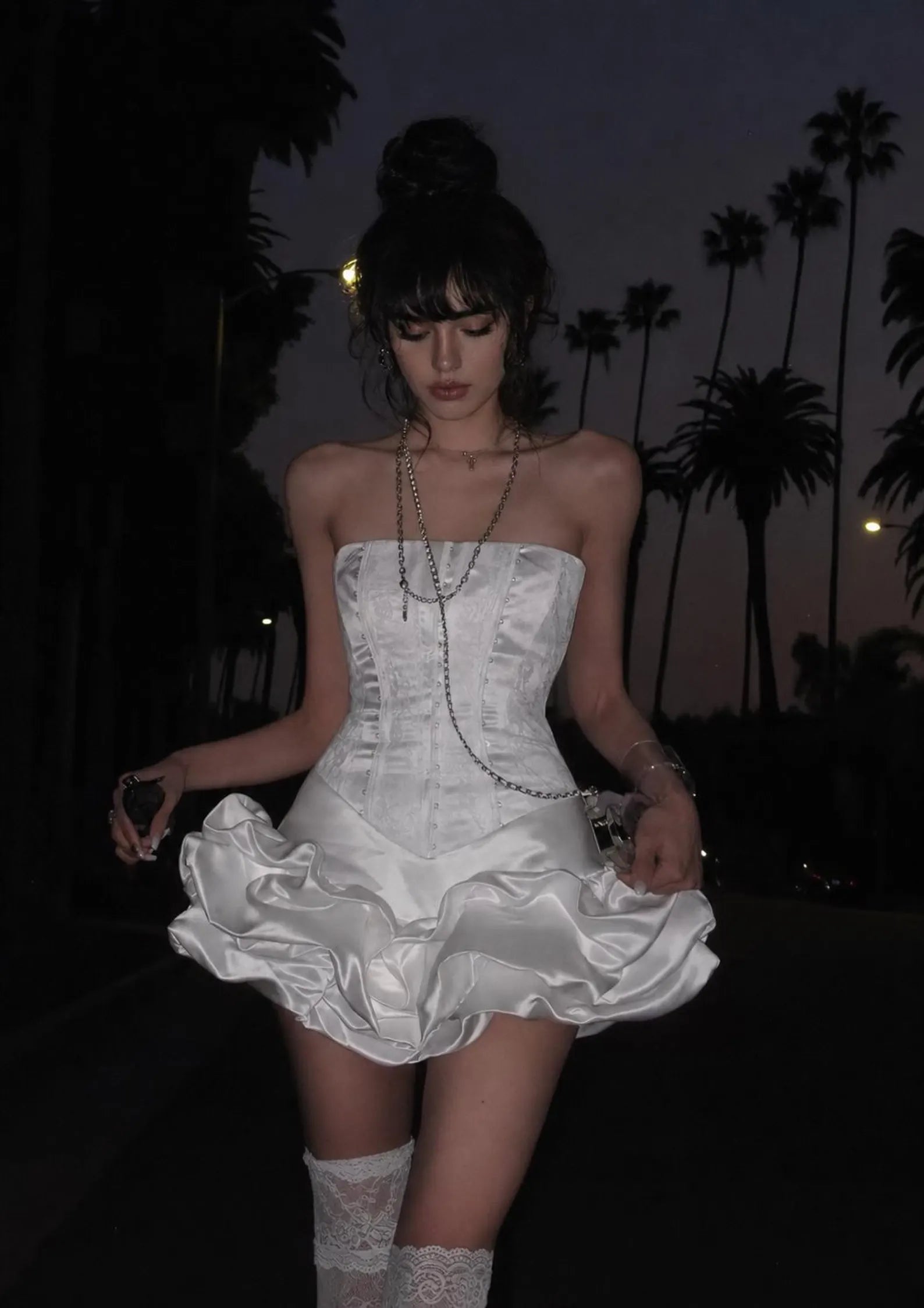 Chic A-Line Strapless Corset Ruffled White High-Low Homecoming Dress With Detachable Train