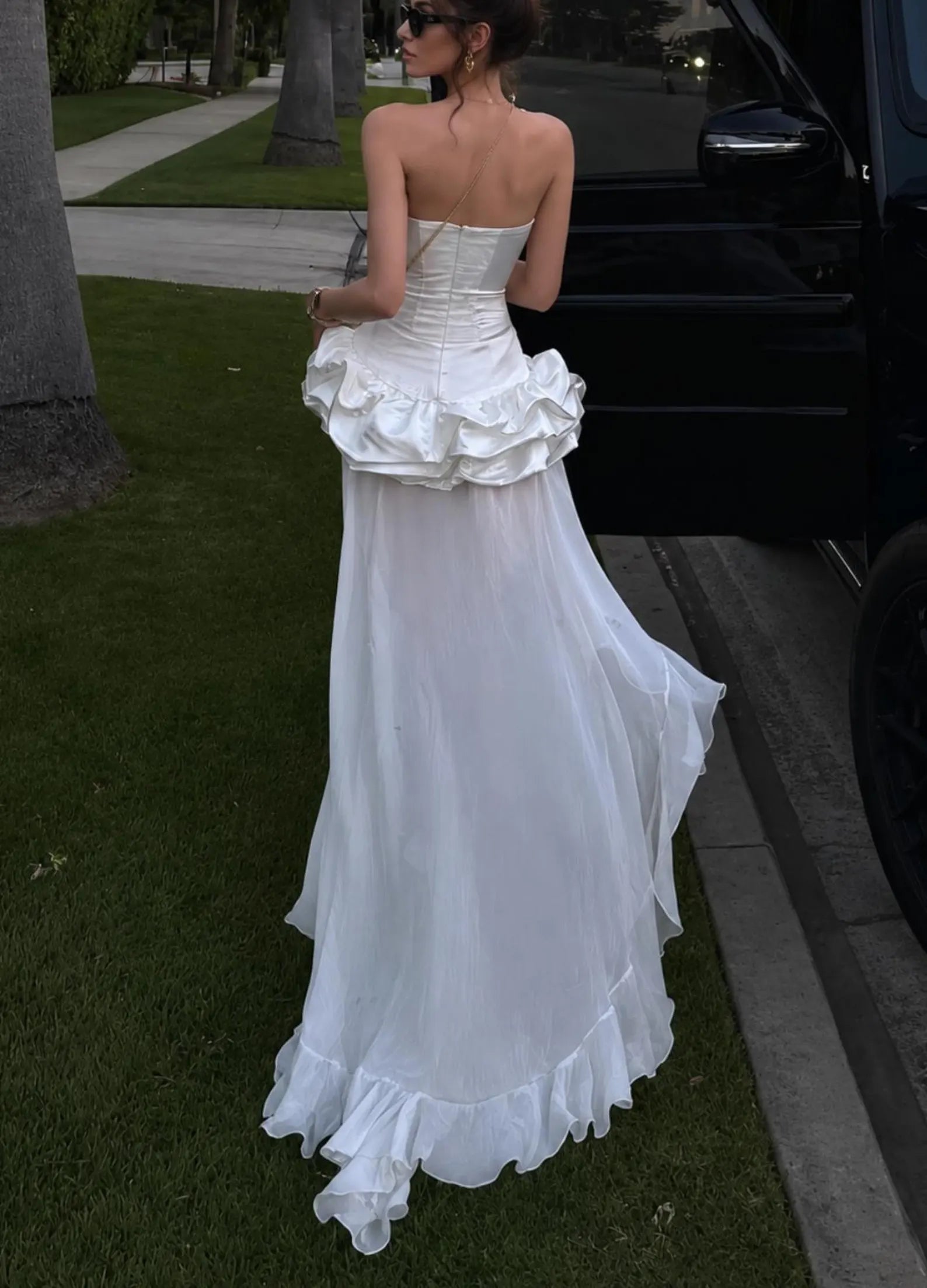 Chic A-Line Strapless Corset Ruffled White High-Low Homecoming Dress With Detachable Train