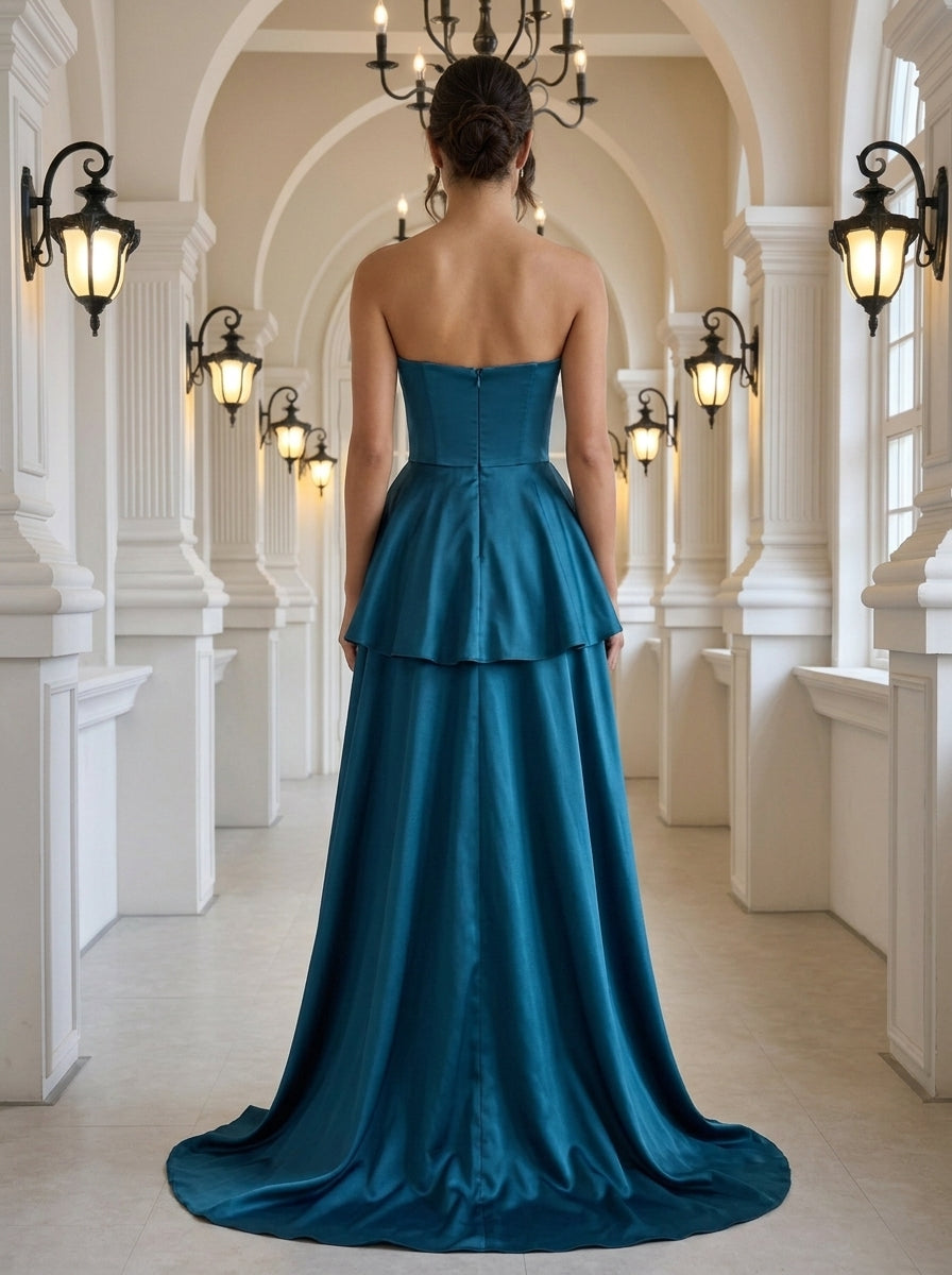 Chic A-Line Sweetheart Beaded Tiered Satin Teal High-Low Prom Dress For Women
