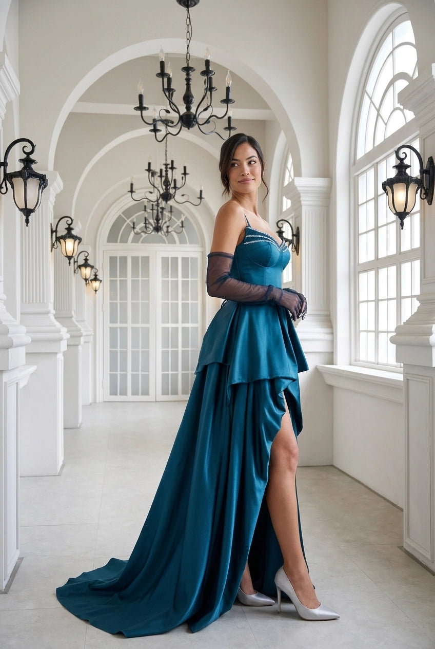 Chic A-Line Sweetheart Beaded Tiered Satin Teal High-Low Prom Dress For Women