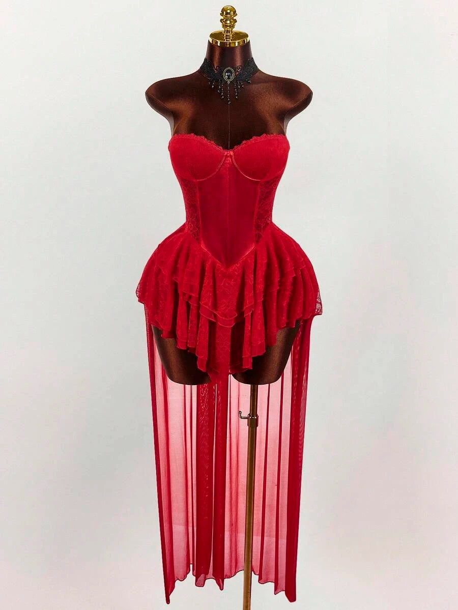 Chic A-Line Sweetheart Corset Ruffled Sheer Red High-Low Homecoming Dress