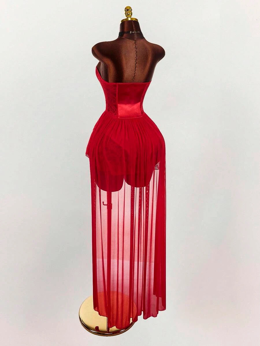 Chic A-Line Sweetheart Corset Ruffled Sheer Red High-Low Homecoming Dress