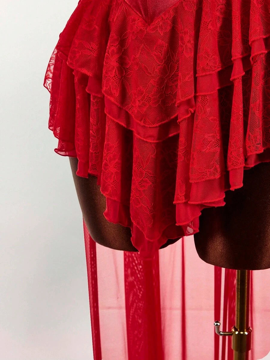 Chic A-Line Sweetheart Corset Ruffled Sheer Red High-Low Homecoming Dress