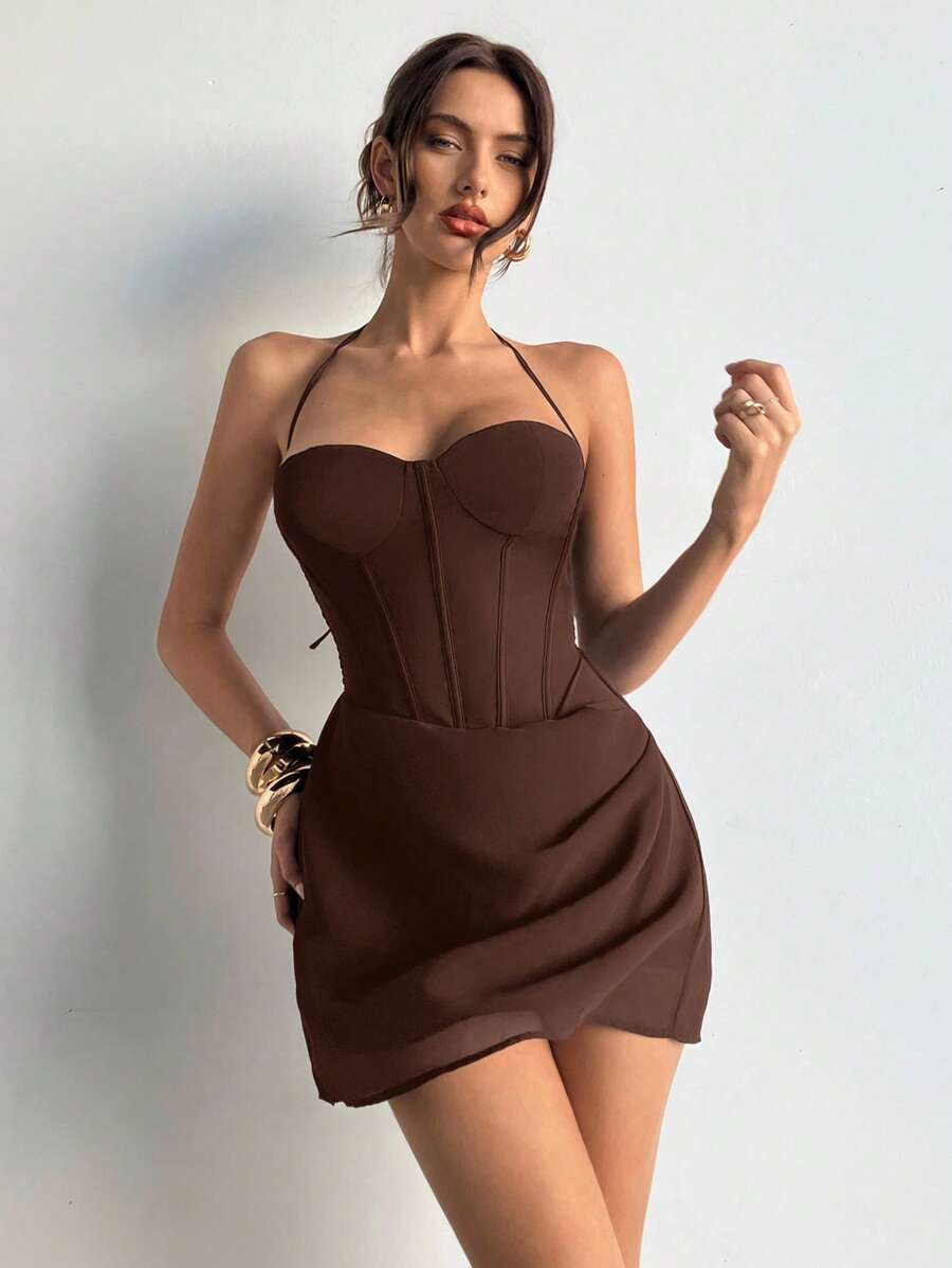 Chic A-Line Sweetheart Halter Corset Bodice Draped Mini Homecoming Dresses