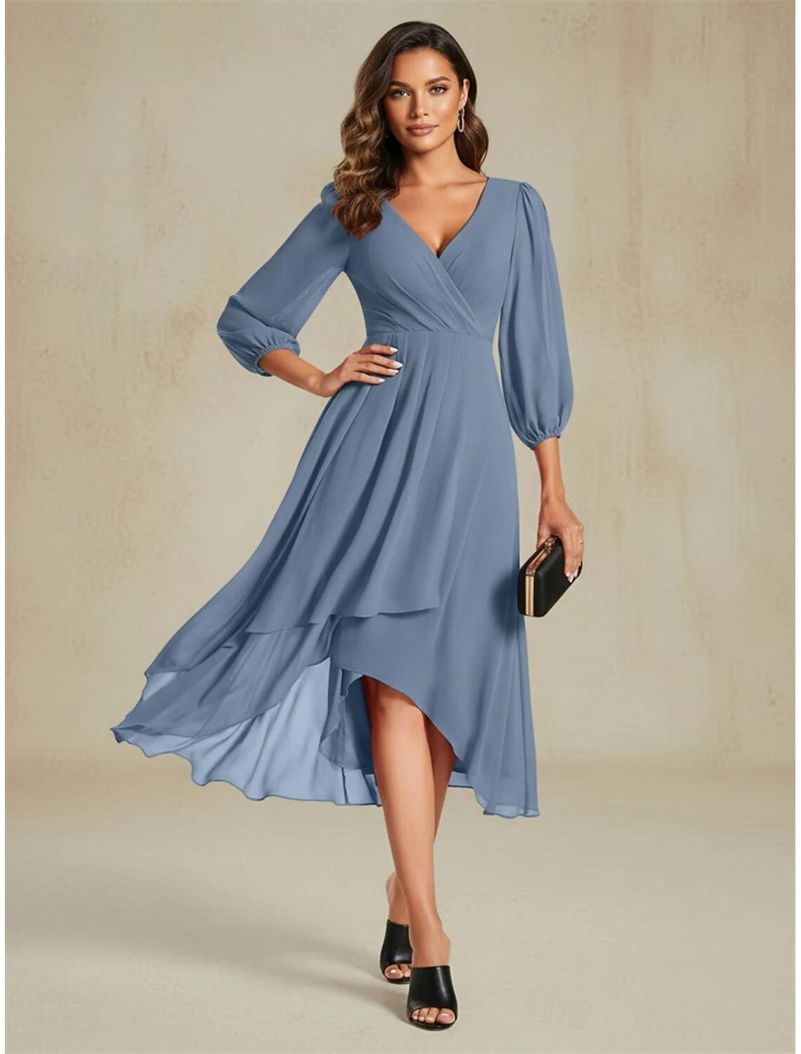Chic A-Line V-Neck Long Sleeve Wrap High-Low Dusty Blue Midi Homecoming Dress