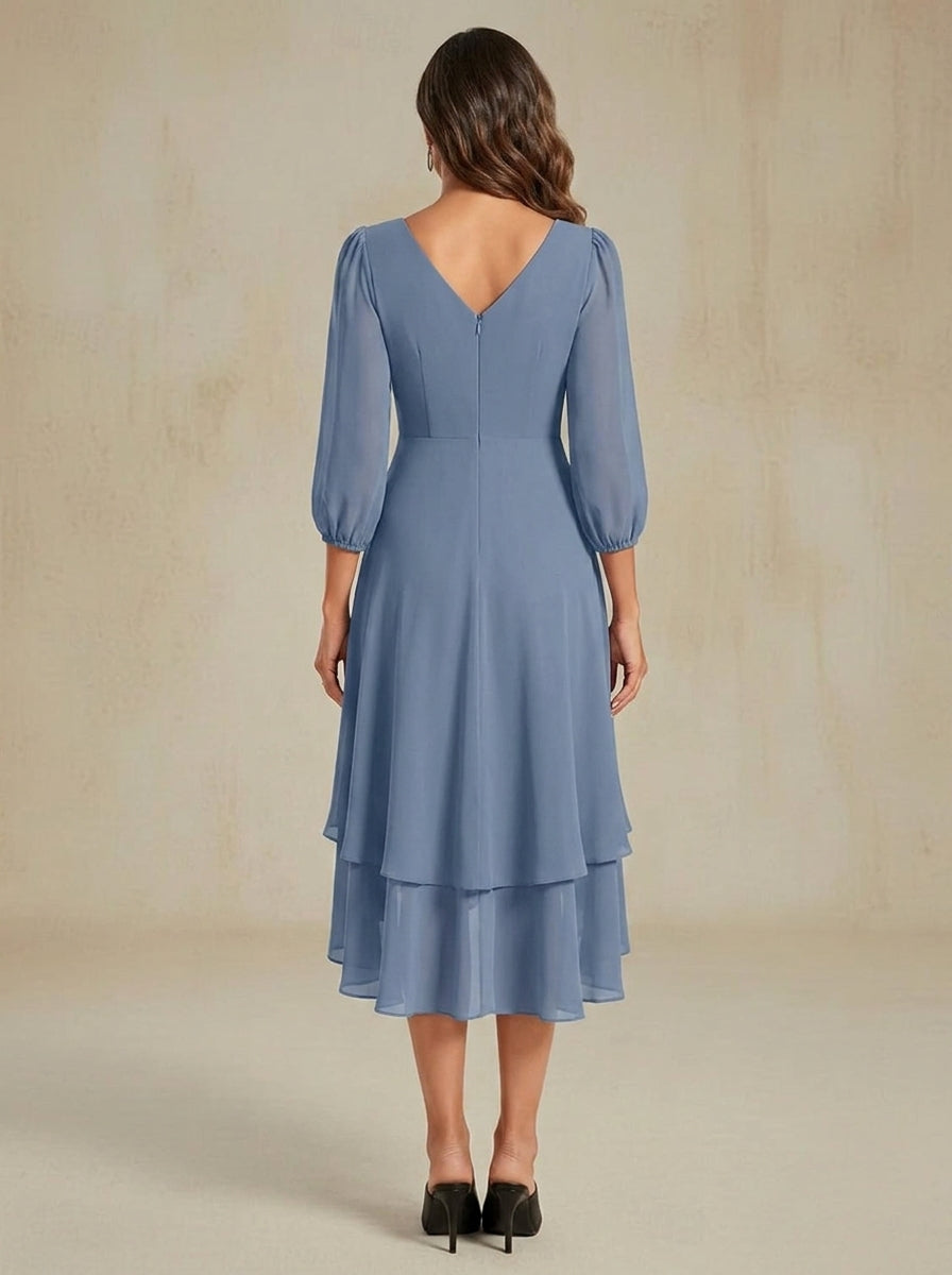 Chic A-Line V-Neck Long Sleeve Wrap High-Low Dusty Blue Midi Homecoming Dress