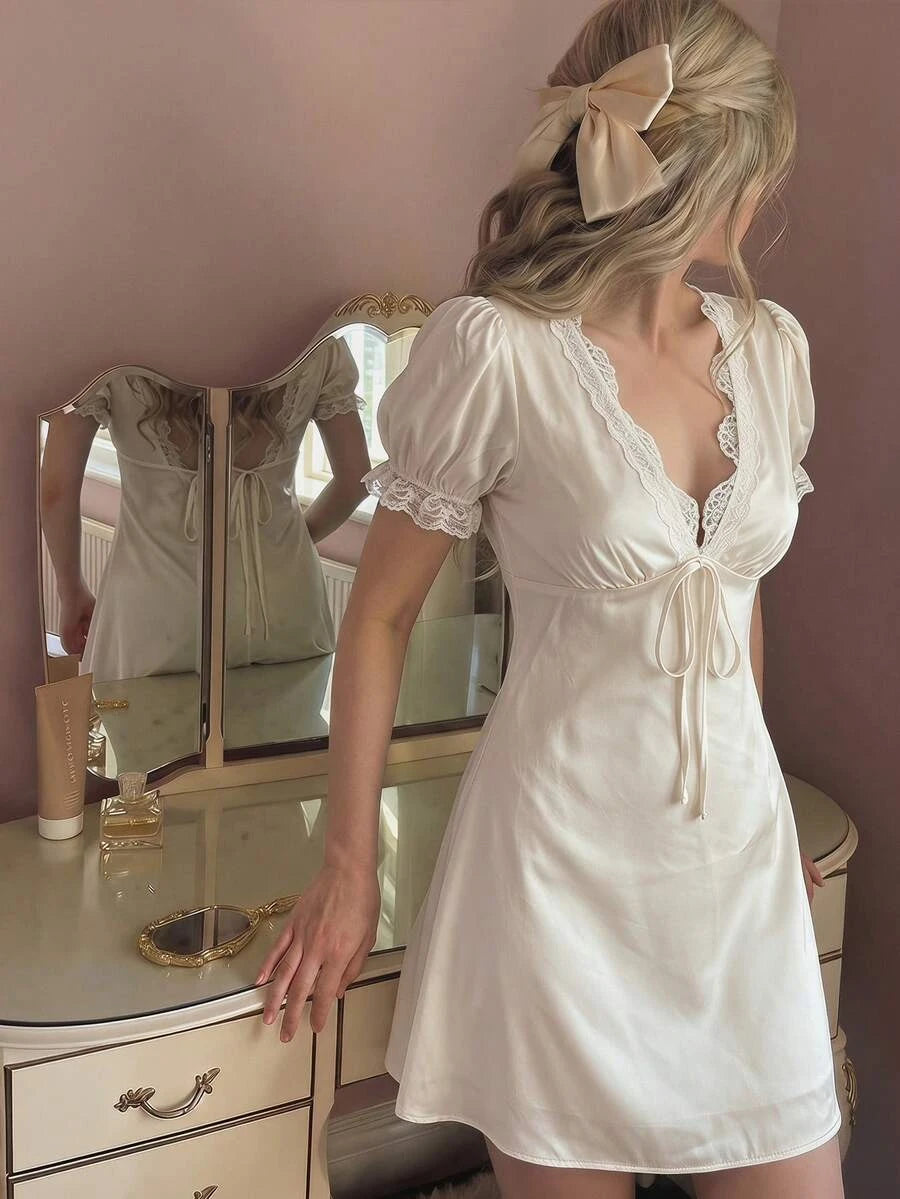 Chic A-Line V-Neck Puff Sleeve Lace Trim Satin Ivory Mini Homecoming Dress