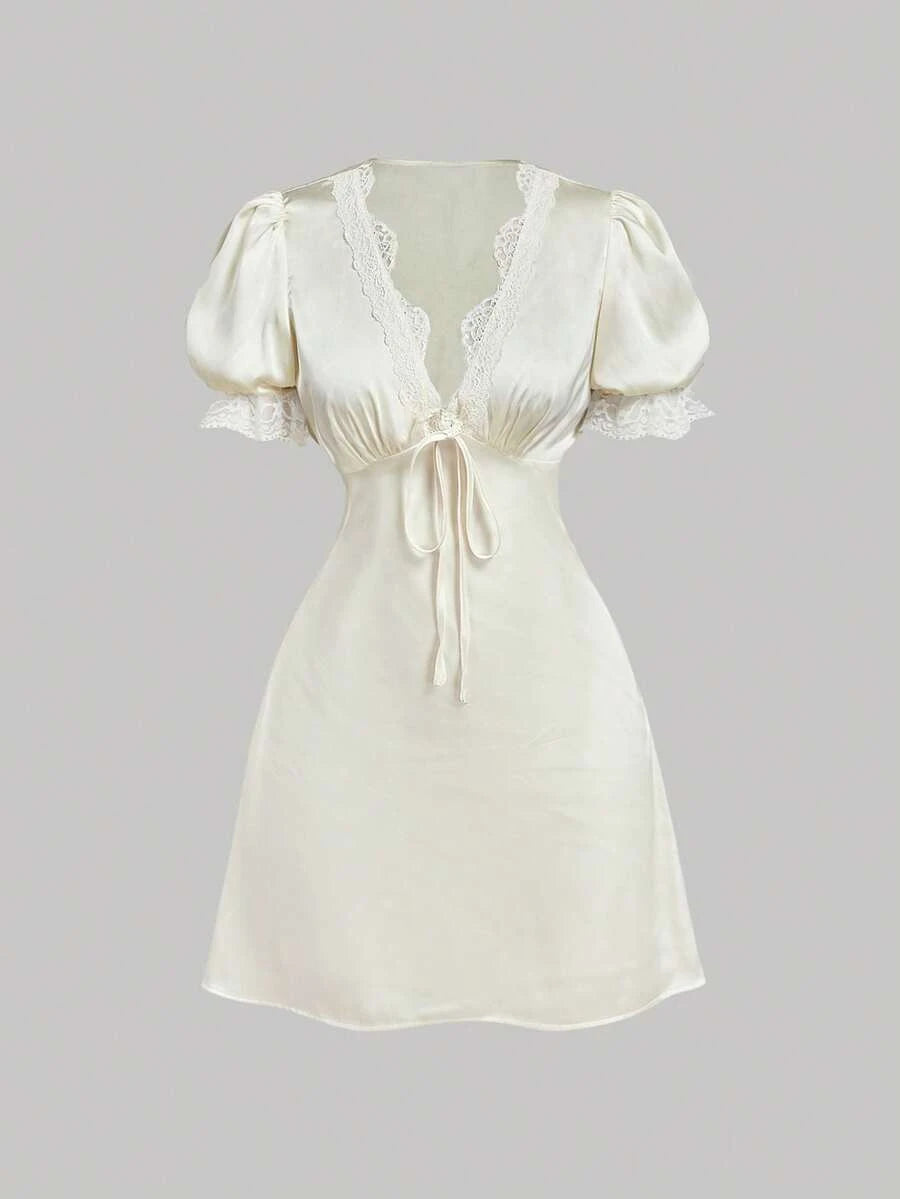 Chic A-Line V-Neck Puff Sleeve Lace Trim Satin Ivory Mini Homecoming Dress
