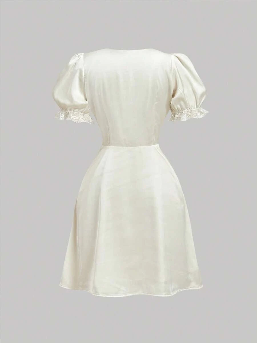 Chic A-Line V-Neck Puff Sleeve Lace Trim Satin Ivory Mini Homecoming Dress