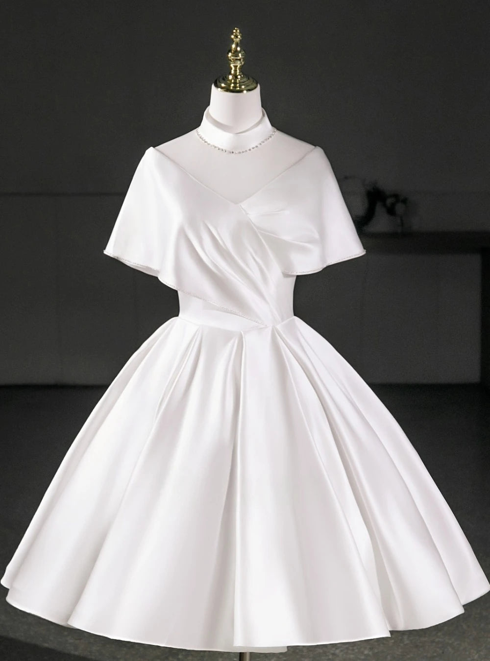 Chic A-Line High Neck Cape Sleeve Draped Satin White Short Homecoming Dress