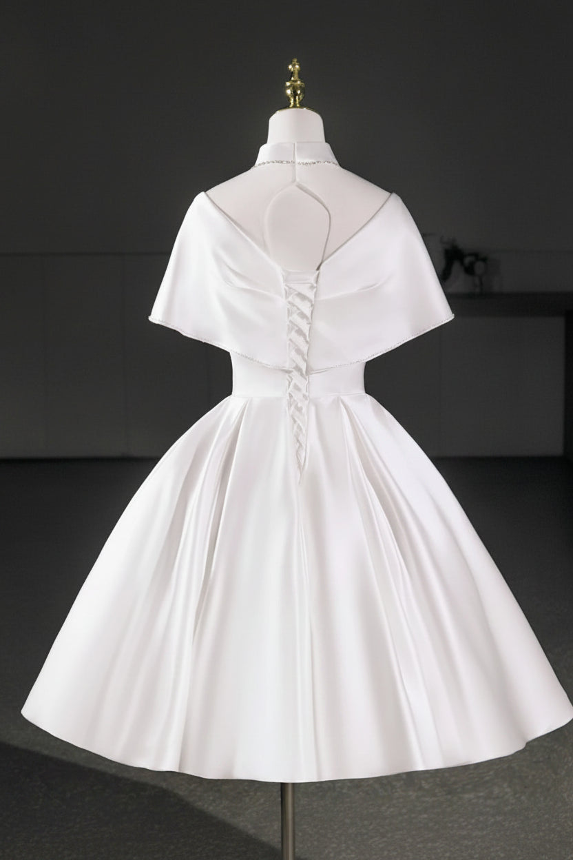 Chic A-Line High Neck Cape Sleeve Draped Satin White Short Homecoming Dress