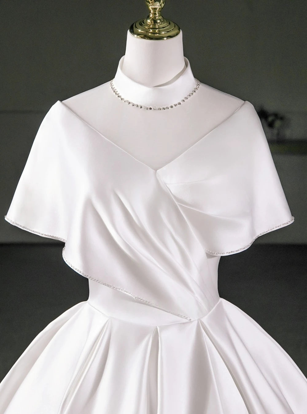 Chic A-Line High Neck Cape Sleeve Draped Satin White Short Homecoming Dress