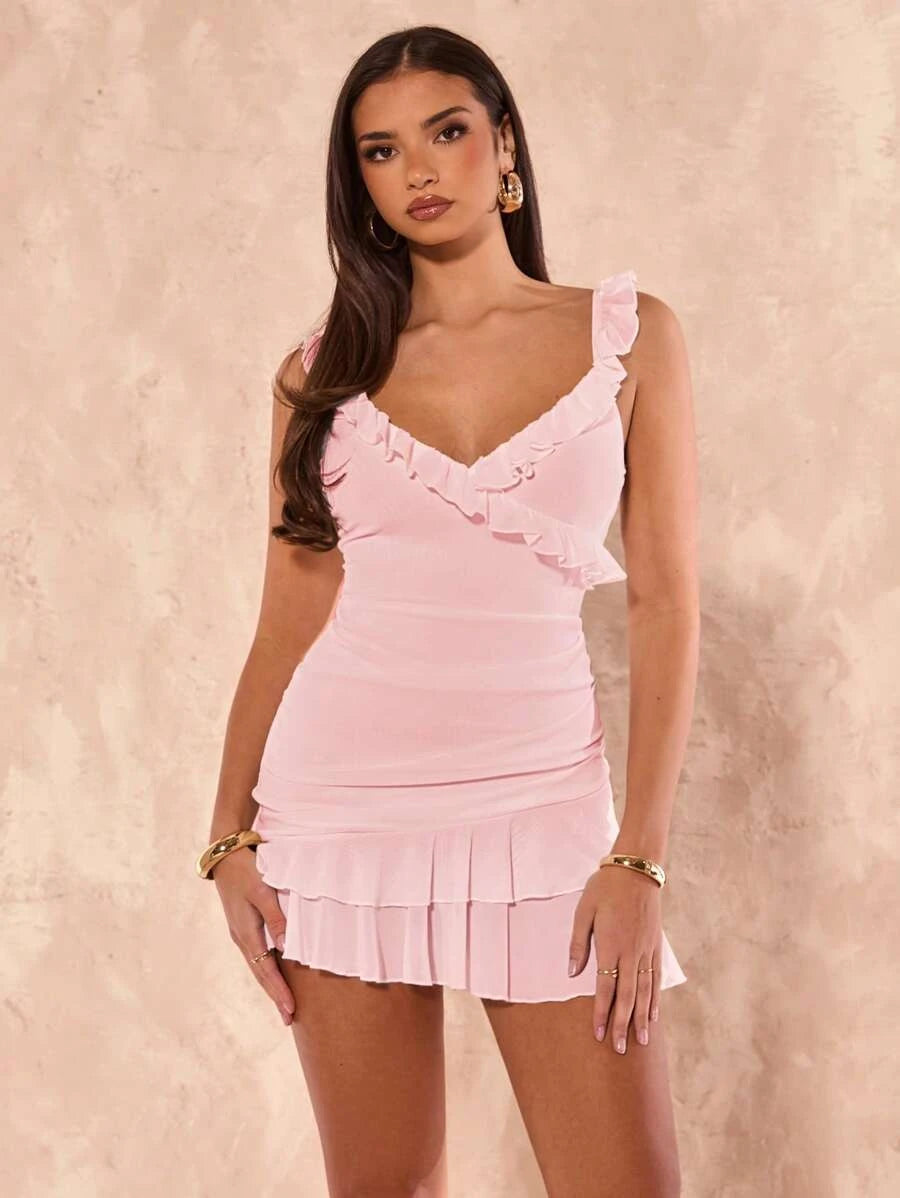 Chic Fitted V-Neck Ruffled Ruched Pink Mini Homecoming Dress Ready To Ship