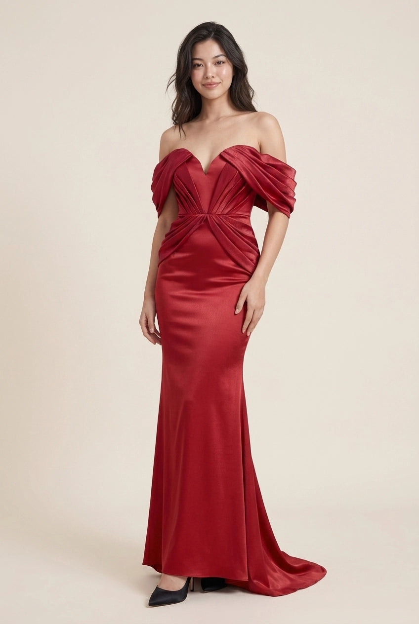 Chic Mermaid Off-Shoulder Ruched Satin Wine Red Train Prom Dress Custom