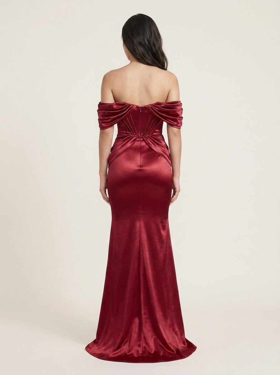 Chic Mermaid Off-Shoulder Ruched Satin Wine Red Train Prom Dress Custom