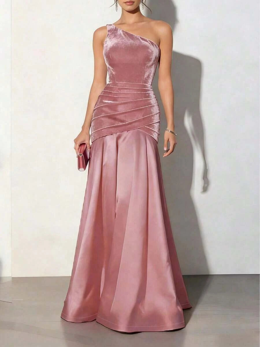 Chic Mermaid One-Shoulder Ruched Dusty Rose Floor-Length Prom Dress For Women