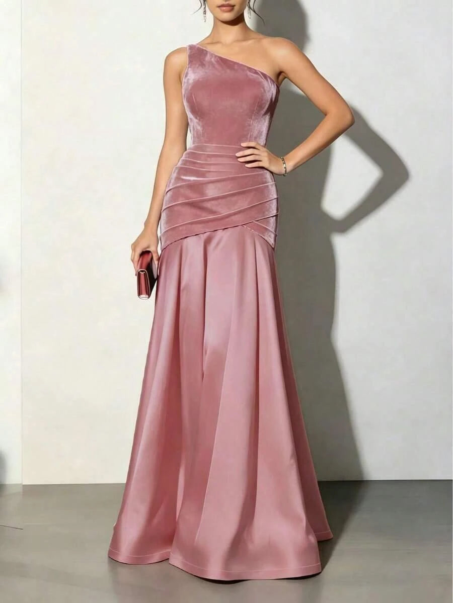 Chic Mermaid One-Shoulder Ruched Dusty Rose Floor-Length Prom Dress For Women