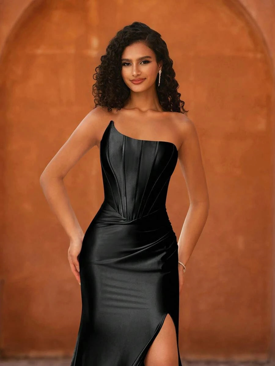 Chic Mermaid Strapless Asymmetrical Corset High Slit Black Floor-Length Prom Dress