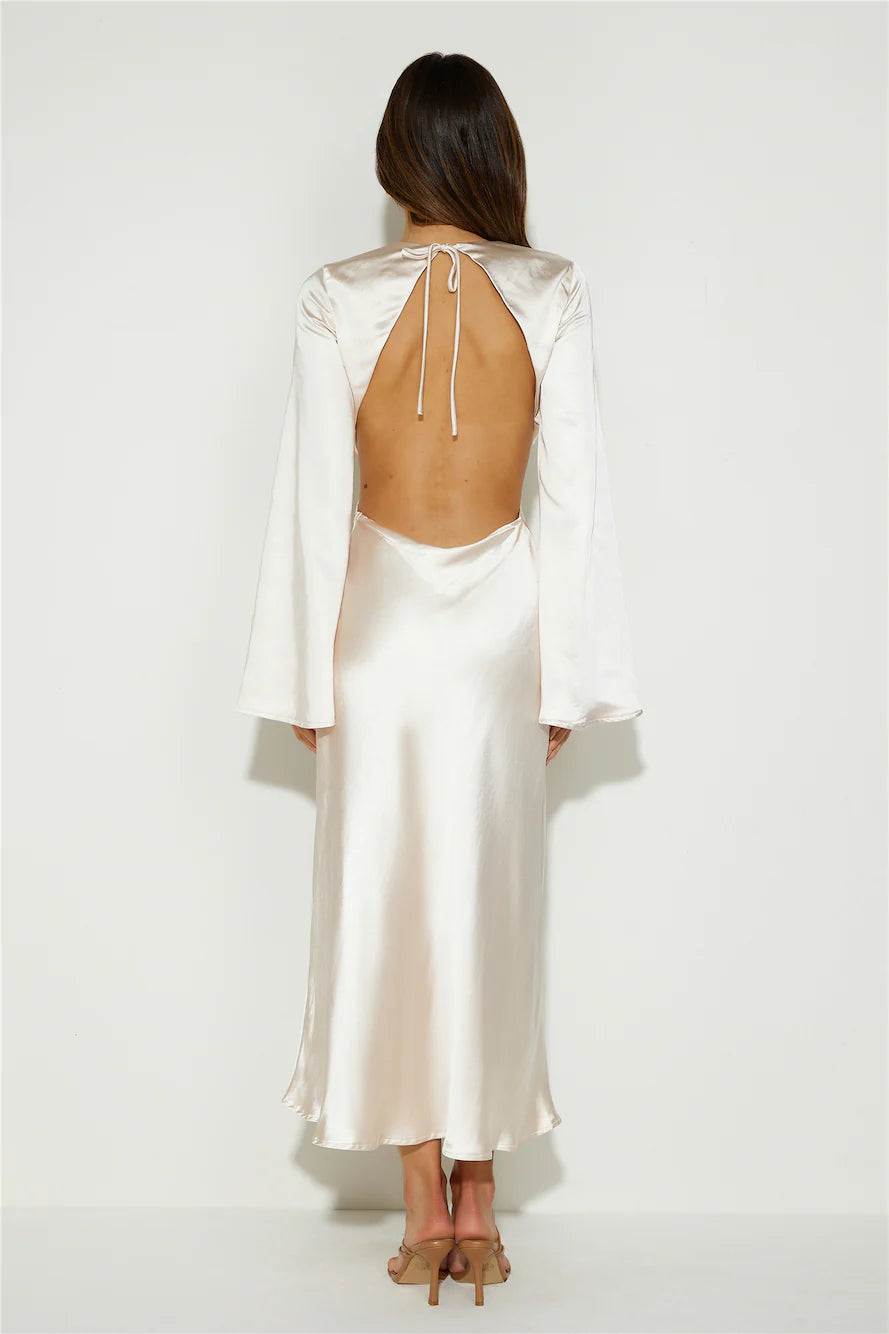 Chic Round Neck Simple A-line Long Sleeves Backless Ankle Length Prom Party Dress