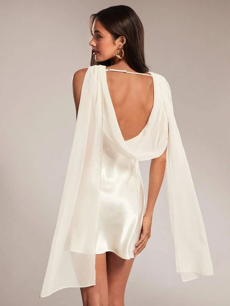 Chic Sheath Boat Neck Cowl Back Glamorous Flowy Chiffon Ivory Mini Homecoming Dress