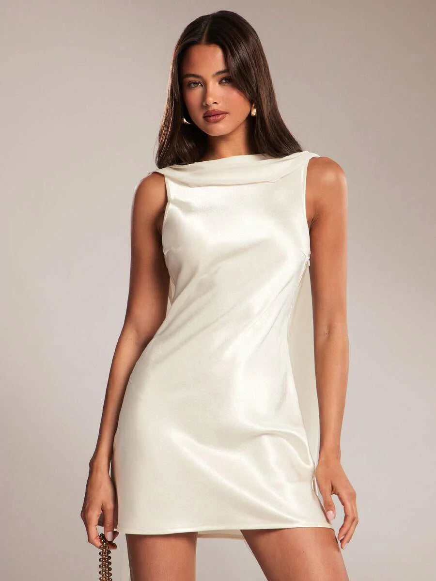 Chic Sheath Boat Neck Cowl Back Glamorous Flowy Chiffon Ivory Mini Homecoming Dress