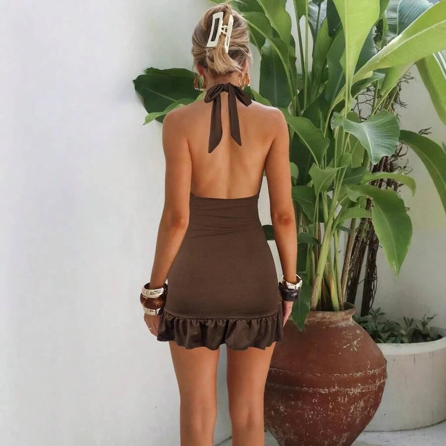 Chic Sheath Halter Neck Ruched Ruffled Backless Brown Mini Homecoming Dress