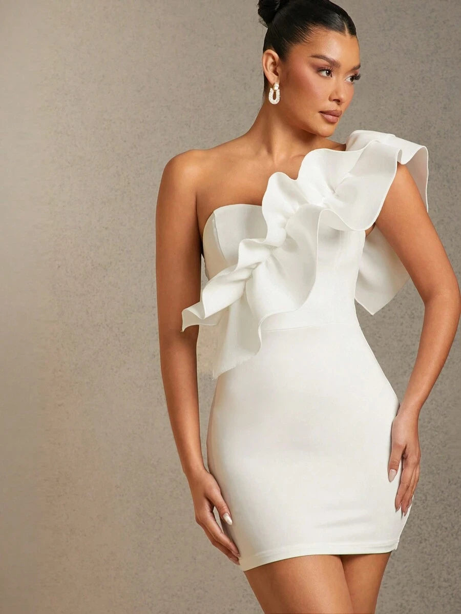 Chic Sheath One-Shoulder Asymmetrical Ruffled Solid Color White Mini Homecoming Dress