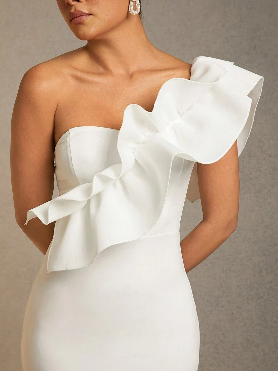 Chic Sheath One-Shoulder Asymmetrical Ruffled Solid Color White Mini Homecoming Dress