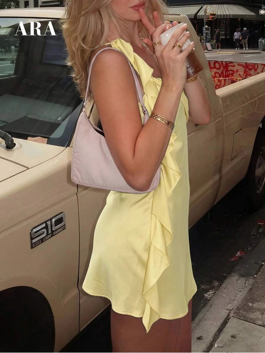 Chic Sheath One-Shoulder Ruffled Asymmetrical Pale Yellow Mini Homecoming Dress