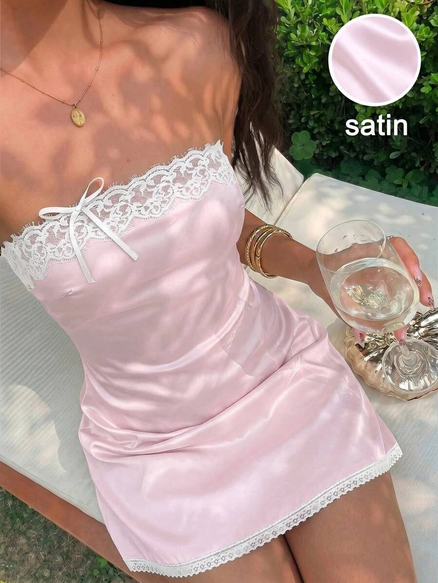 Chic Sheath Strapless Lace Trim Bow Satin Pink Mini Homecoming Dress Custom