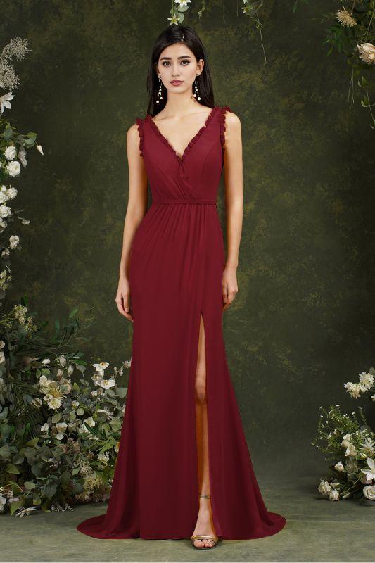 Vestido elegante de fiesta de sirena con escote en V y volantes, sin mangas, para boda y fiesta, con abertura lateral