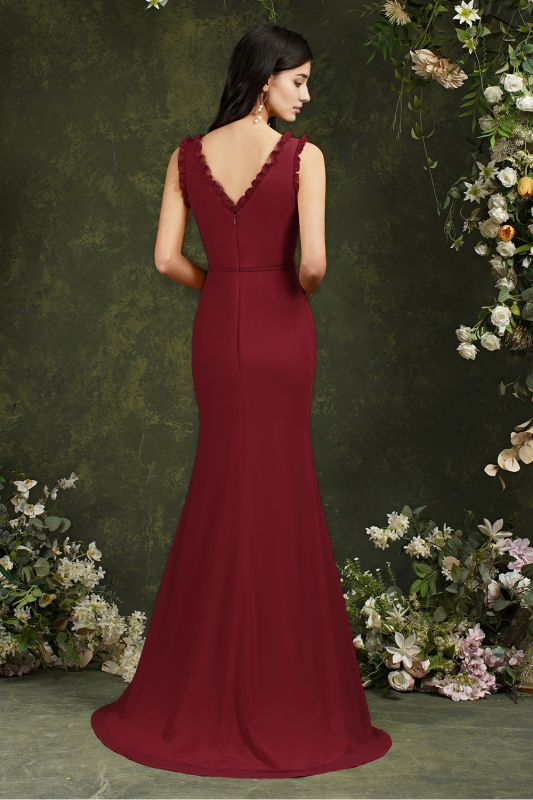 Vestido elegante de fiesta de sirena con escote en V y volantes, sin mangas, para boda y fiesta, con abertura lateral