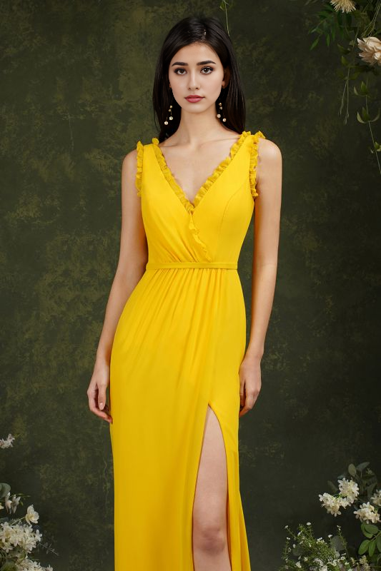 Vestido elegante de fiesta de sirena con escote en V y volantes, sin mangas, para boda y fiesta, con abertura lateral