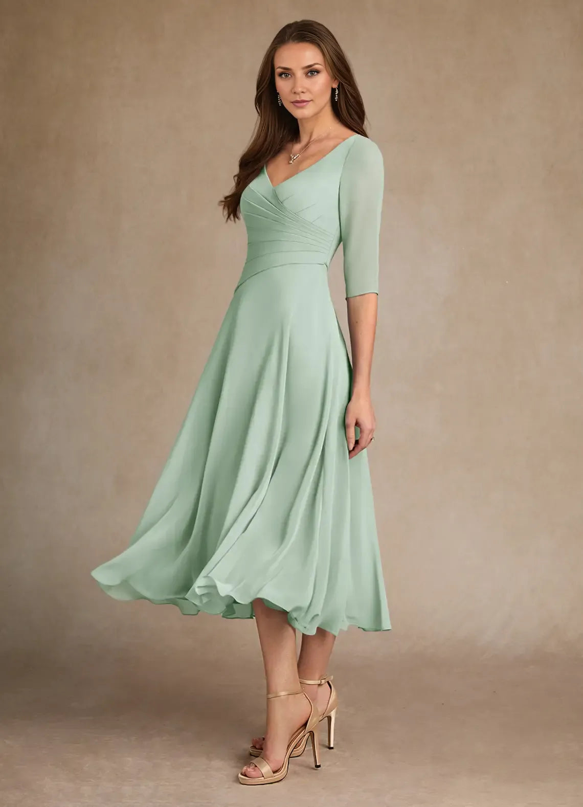 Weitese Dress Pleated Chiffon A-Line Mother Of The Bride Evening Dress Minimalist Three-Quarter Sleeve Mother Of The Groom Dresses