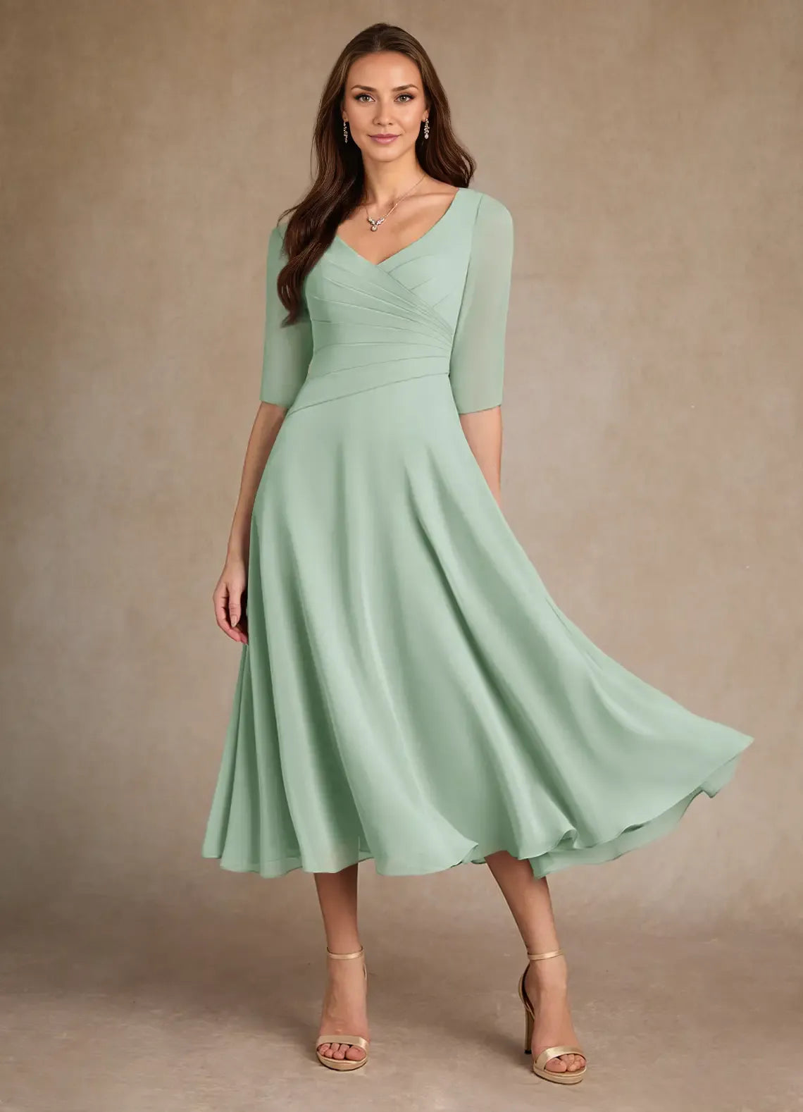 Weitese Dress Pleated Chiffon A-Line Mother Of The Bride Evening Dress Minimalist Three-Quarter Sleeve Mother Of The Groom Dresses