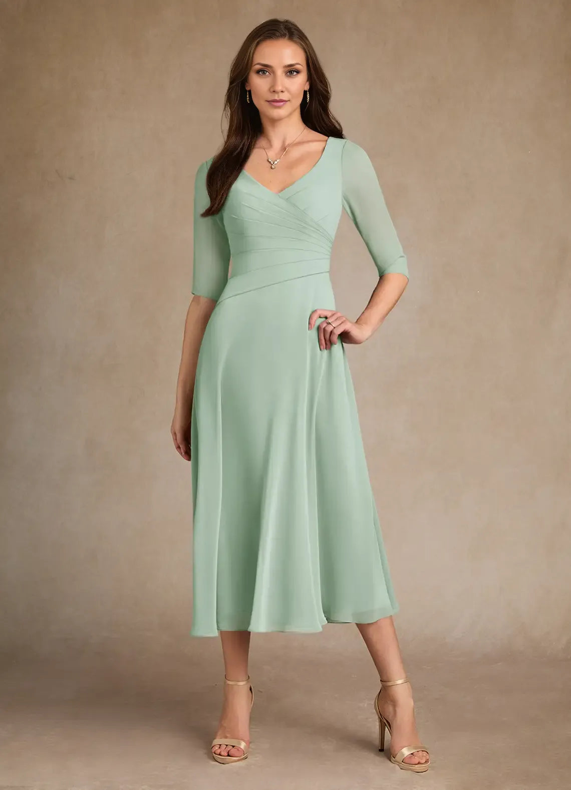 Weitese Dress Pleated Chiffon A-Line Mother Of The Bride Evening Dress Minimalist Three-Quarter Sleeve Mother Of The Groom Dresses