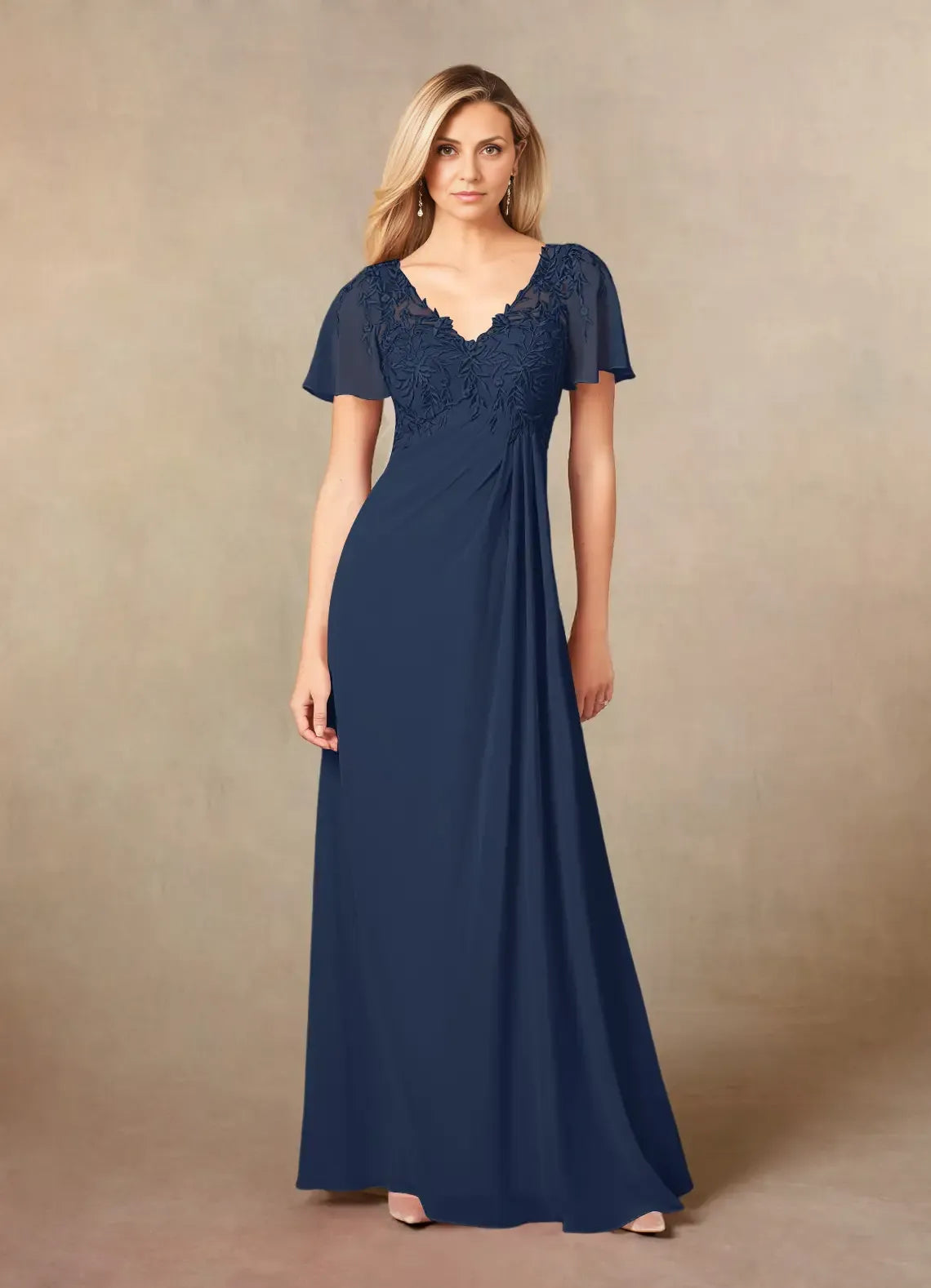 Robe Weitese élégante bleu marine foncé, coupe trapèze, col en V, en mousseline de soie, longueur au sol, manches flottantes, dos illusion, grande taille, pour mère de la mariée 