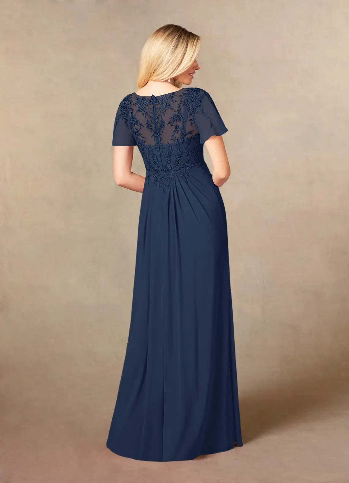 Robe Weitese élégante bleu marine foncé, coupe trapèze, col en V, en mousseline de soie, longueur au sol, manches flottantes, dos illusion, grande taille, pour mère de la mariée 