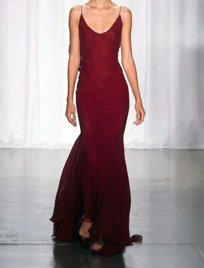 Weitese Formal Wear Dresses Burgundy Mermaid Chiffon Lace Prom Dress Backless Formal Gown Prom Dress Shops