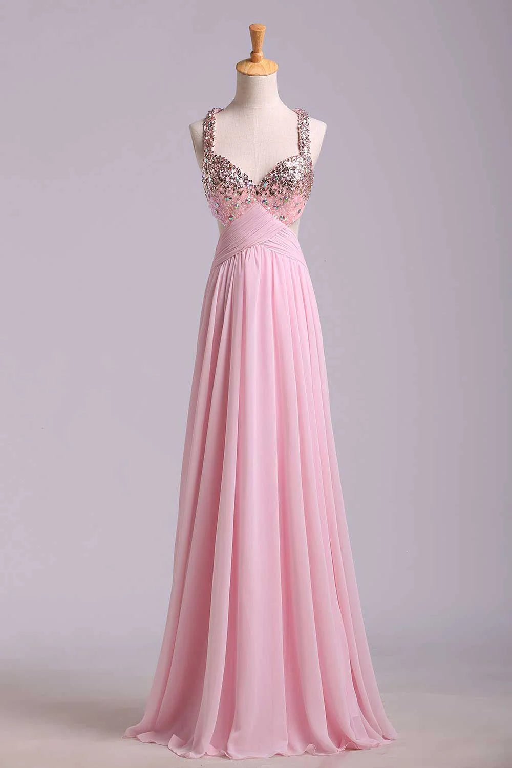 Weitese Formal Women's Dresses Pink Sweetheart Sequins Cross Back Chiffon Long Formal Prom Dress Prom Dress Stores