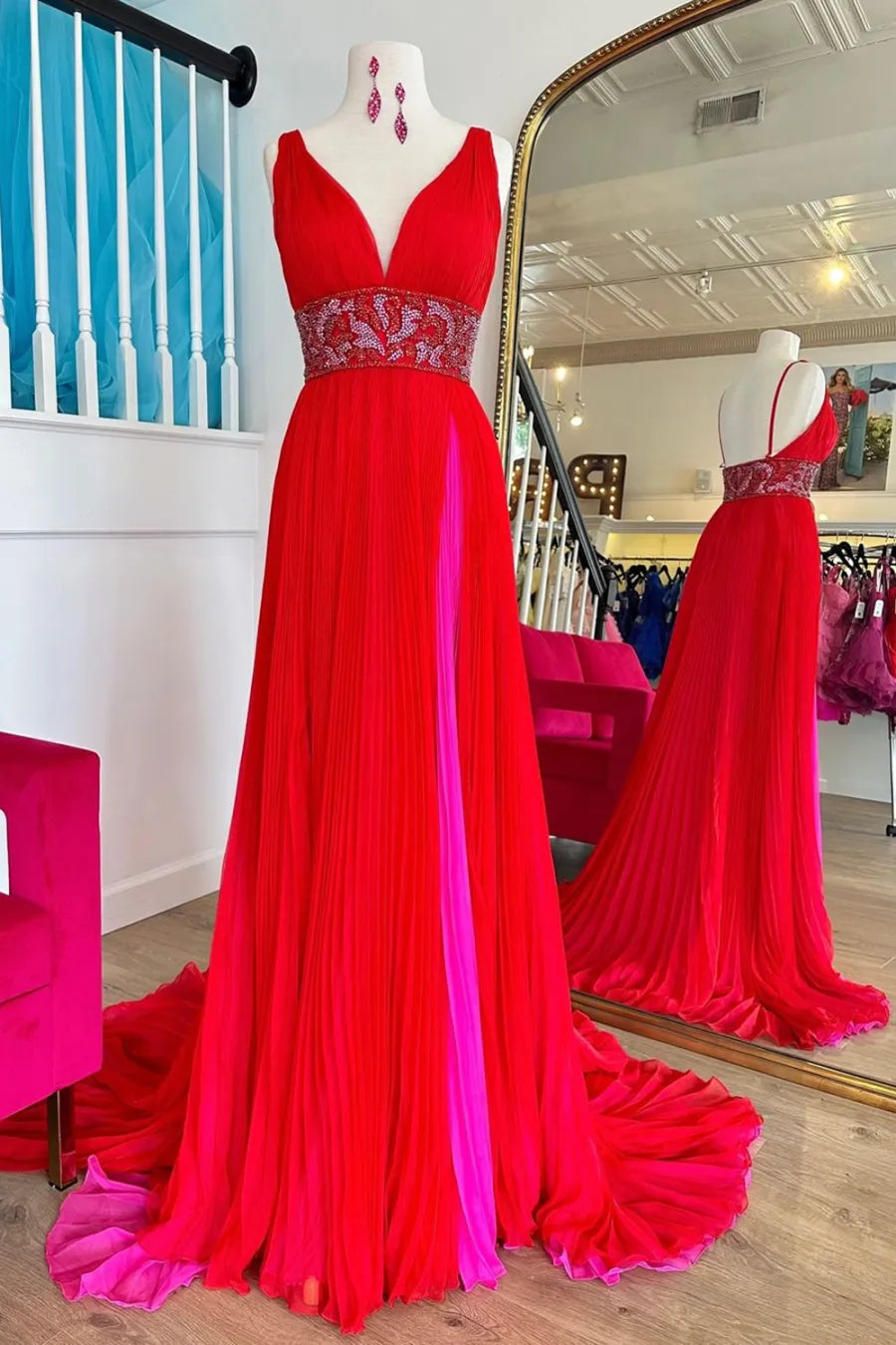 Weitese Prom Dress Store Trendy Red Deep V-neck A-Line Chiffon Pleated Long Prom Dress with Beading Formal Women's Dresses