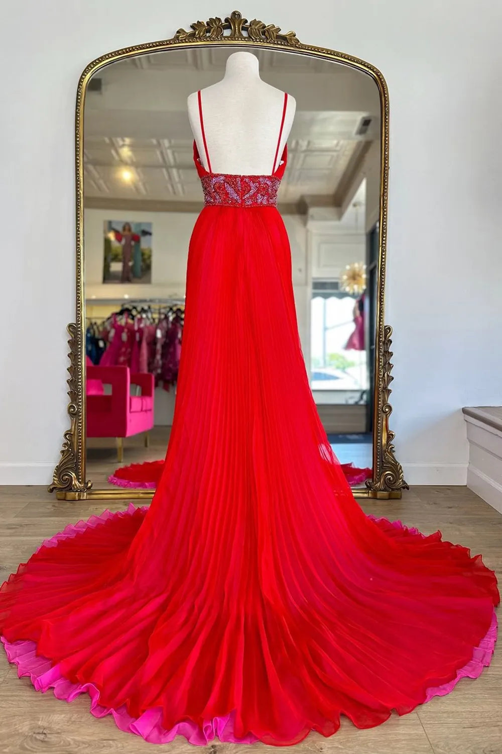Weitese Prom Dress Store Trendy Red Deep V-neck A-Line Chiffon Pleated Long Prom Dress with Beading Formal Women's Dresses