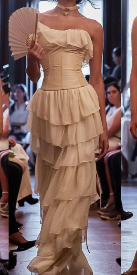 Weitese Dress Prom Dress Stores Ivory Strapless Chiffon Tiered Sheath Gorgeous Evening Dress Formal Dresses