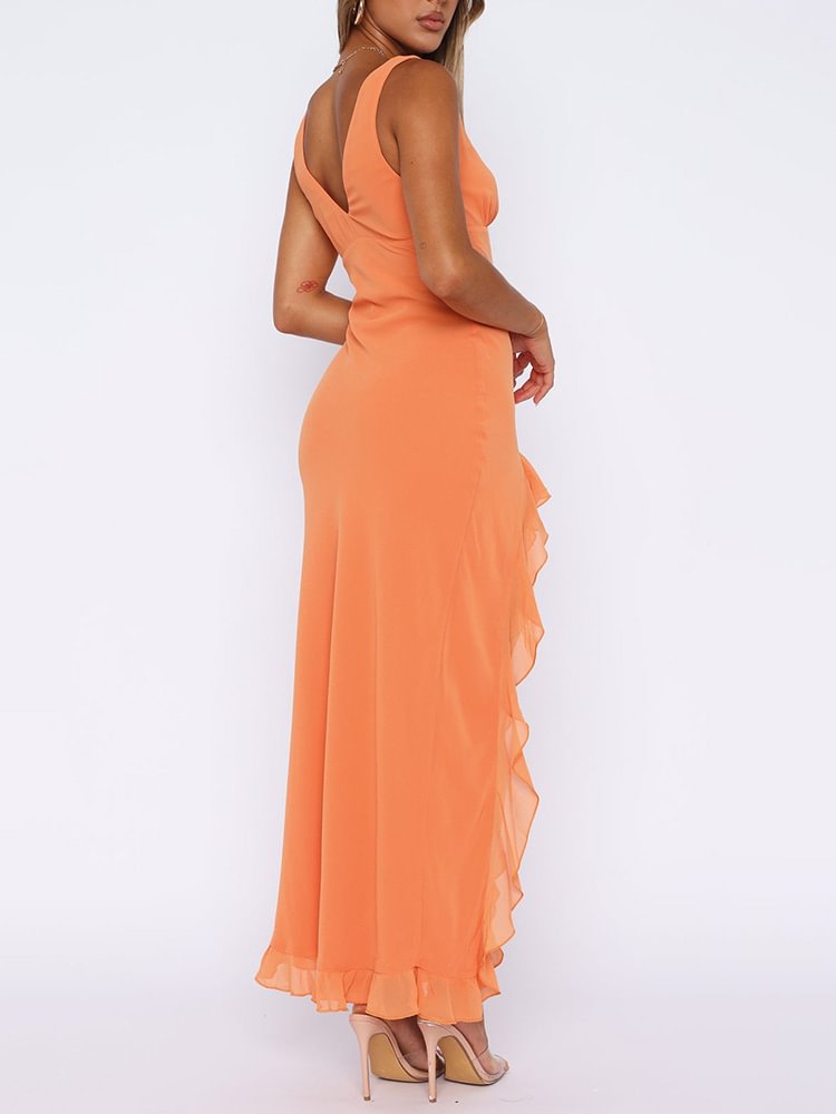 Chiffon Deep V Neckline Sleeveless Ankle Length Ruffle Slit Prom Dress With Slit
