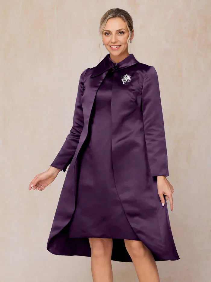 Classic 2 Pieces Scoop-neck Long Sleeves Satin Knee-Length Mother of the Bride Dress