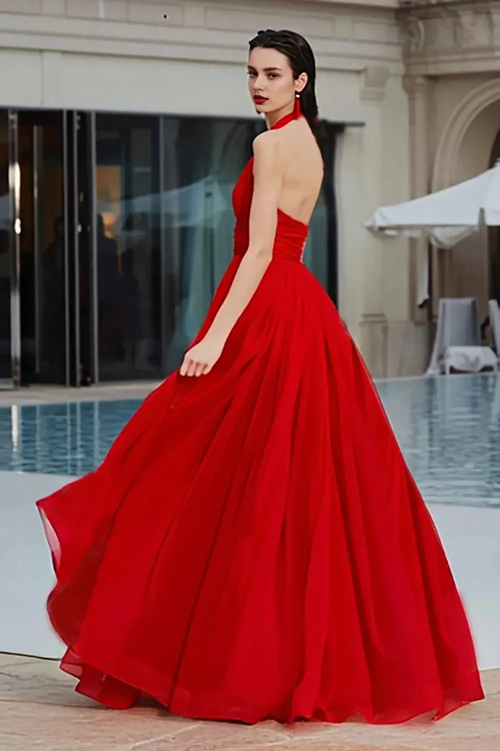 Classic A-Line Halter Neck Sleeveless Backless Floor-Length Prom Dress