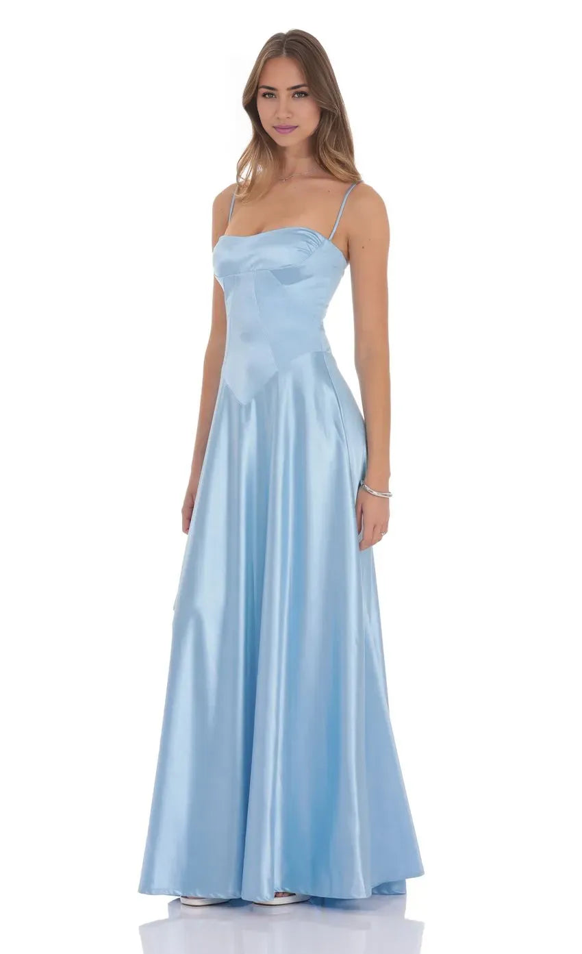 Classic A-Line/Princess Square Neck Sleeveless Backless Floor-Length Prom Dress