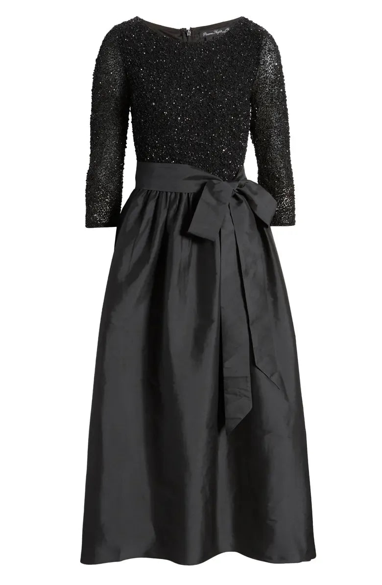 Classic A-Line Scoop Neck Long Sleeve Satin Ankle-Length Prom Dress